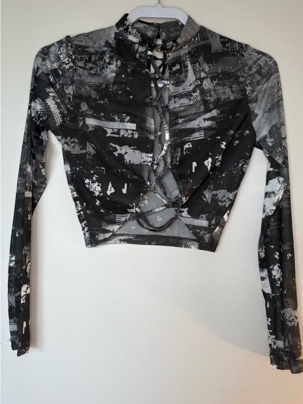 Windsor Black & Gray sheer Lace-Up Long Sleeve going out abstract crop Top